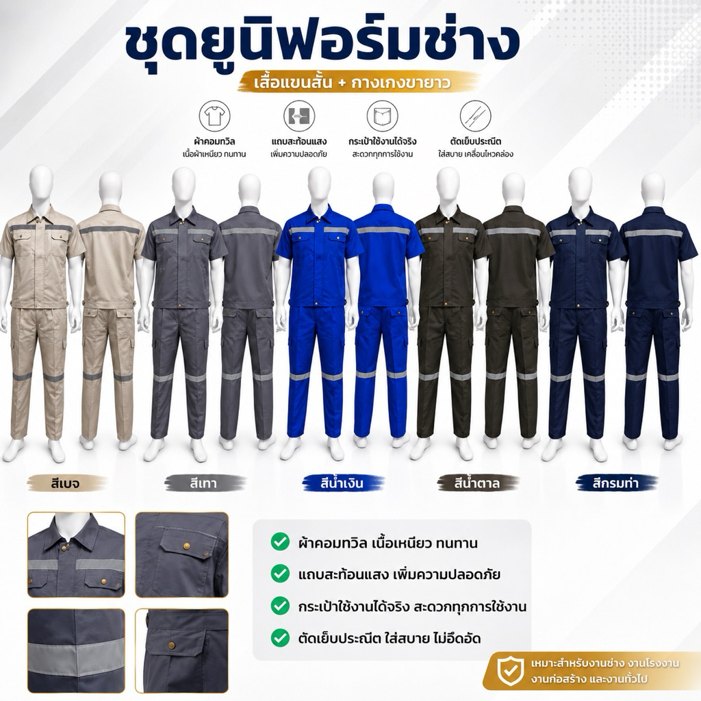 ชุดยูนิฟอร์มช่าง ชุดโรงงาน เสื้อแขนสั้น กางเกงขายาว แถบสะท้อนแสง ผ้าคอมทวิว S-6XL