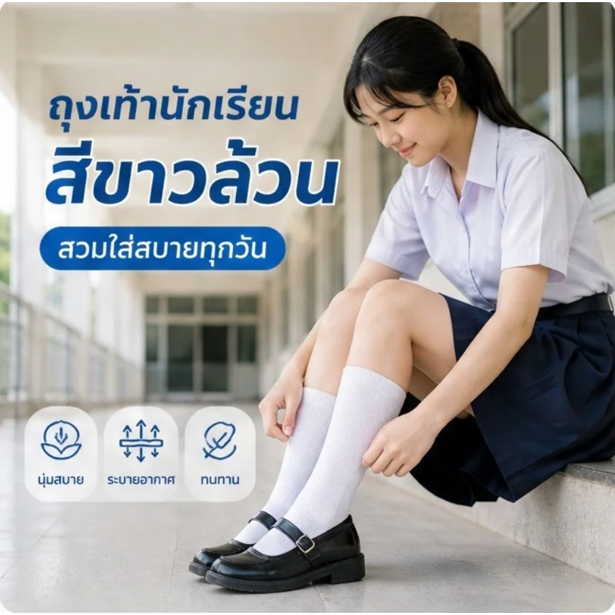 ถุงเท้านักเรียนข้อกลางสีขาว สไตล์ญี่ปุ่นเด็กผู้หญิง ผ้าฝ้าย ระบายอากาศ ป้องกันเหงื่อ 6/12 คู่ต่อแพ็ค พร้อมส่ง
