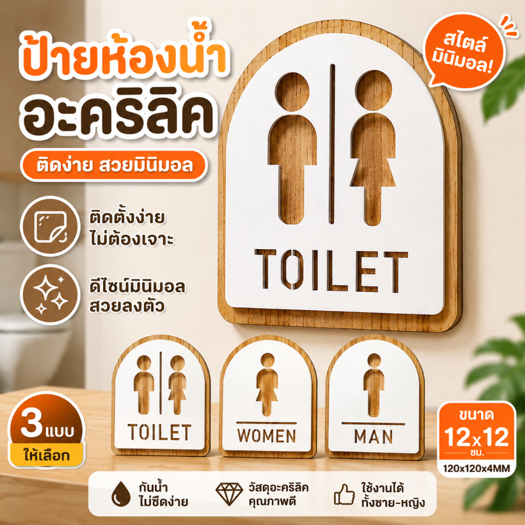 🚻พร้อมส่ง💧ป้ายสุขา ป้ายห้องน้ำ สติกเกอร์ห้องน้ำ วัสดุอะคริลิค TOILET WOMEN MAN ชาย หญิง พร้อมเทปกาวสองหน้า ติดตั้งง่าย