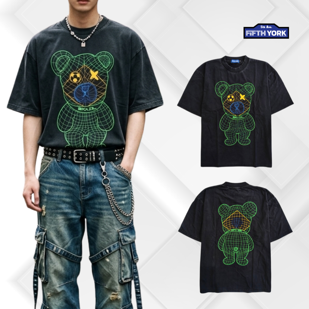FIFTH YORK Brazil Wireframe Bear Oversized Tee – Black Edition