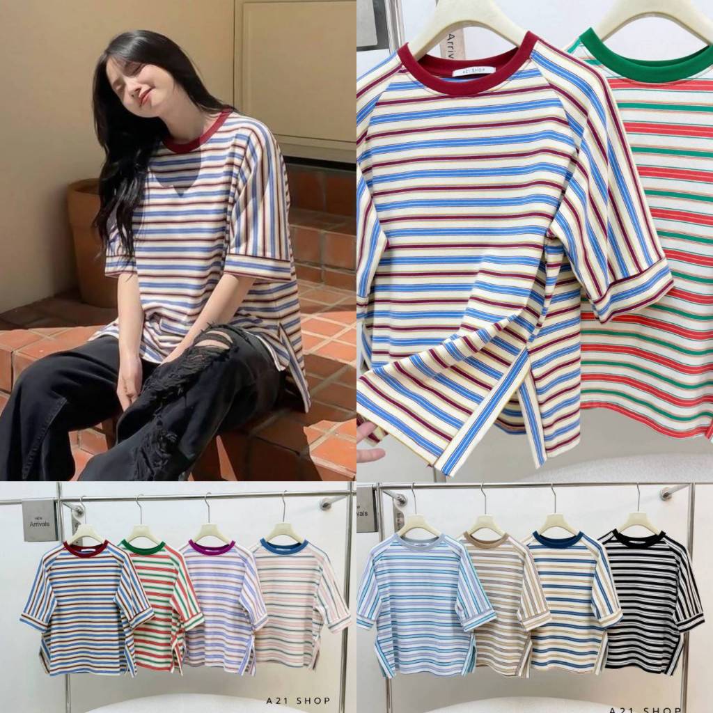 A1024 เสื้อริ้วใหญ่ผ่าข้าง