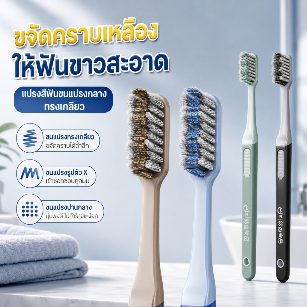 แปรงสีฟันผู้ใหญ่ขนแปรงกลางทรงเกลียว ขนรูปตัวX ขจัดคราบเหลืองคราบกาแฟชา ทำความสะอาดร่องฟันลึก ฟันขาวสะอาด COD
