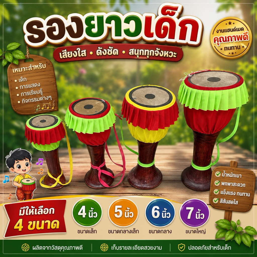 กลองยาว ขนาดต่าง หน้ากลองกว้าง 4นิ้ว-7นิ้ว