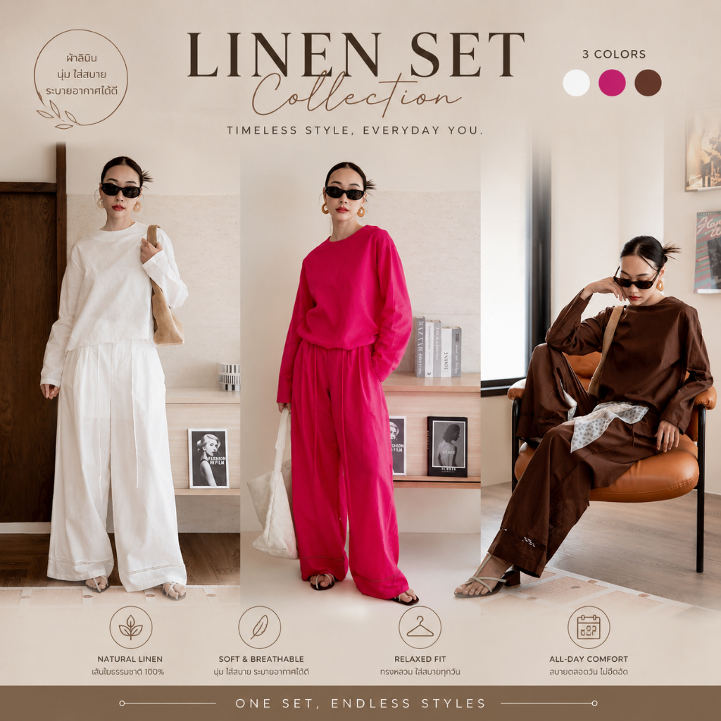 6004 Set เสื้อแขนยาวผ้าลินินขอบหยัก +กางเกงขายาวชายฉลุ + เชือก งานป้าย vshopbrand