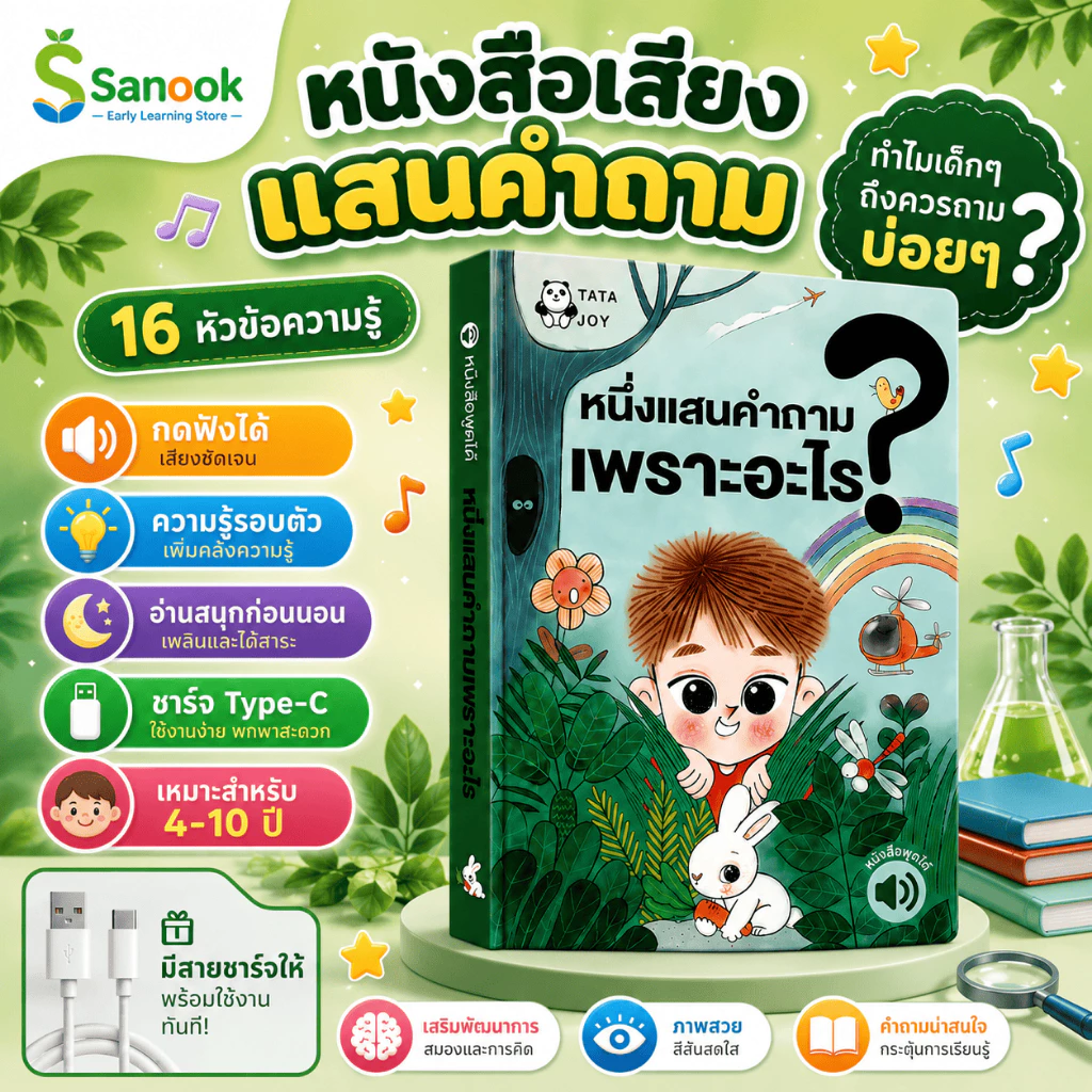 หนังสือพูดได้ ภาษาไทย 16 หมวดความรู้ หนังสือเด็ก เสริมพัฒนาการ เรียนรู้วิทยาศาสตร์ สัตว์ ไดโนเสาร์ อวกาศ พร้อมชาร์จ USB