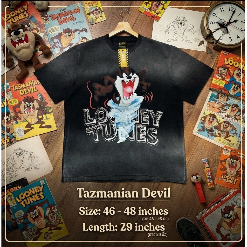 เสื้อยืดผ้าฟอก Premium ป้ายเหลือง สกรีนลายหน้า ลาย Tazmanian Devil อก 46-48 นิ้ว