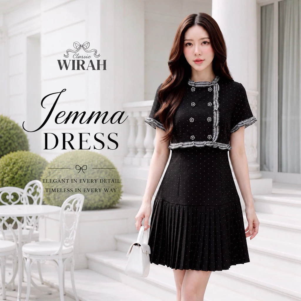 FW129 Jemma Dress ชุดเดรสสั้นทรงเข้ารูป ผ้าสูทวาเลนติโน่ (Valentino) พิมพ์ลายจุด เรียกว่า Polka Dot เสื้อคอกลม กั๊กท