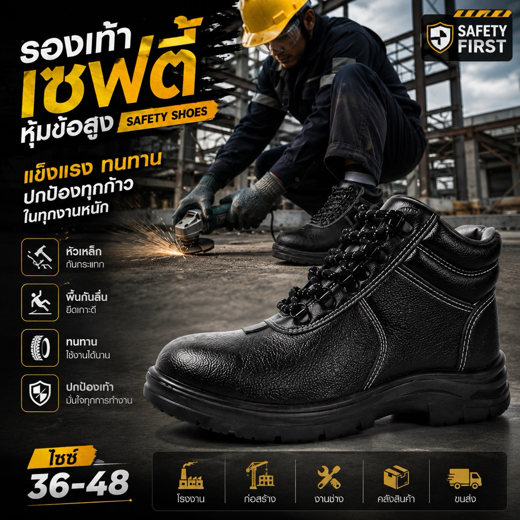 รองเท้าเซฟตี้หุ้มข้อ หัวเหล็ก พื้นกันลื่น รองเท้านิรภัย Safety Shoes สำหรับงานช่าง โรงงาน ก่อสร้าง สีดำ