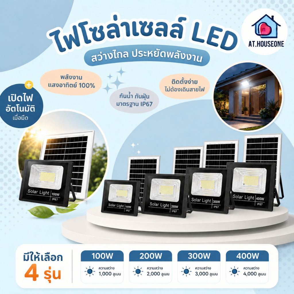 At.Houseone สปอร์ตไลท์ไฟโซล่าเซลล์ Solar Light LED (100W-400W) สว่าง 1000-4000 ลูเมน ไฟสนาม ไฟทางเดิ
