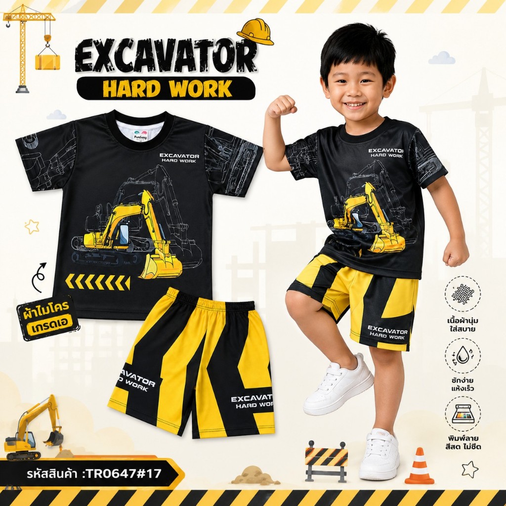 (TR0647#17) ชุดเด็กลายรถแมคโคร Excavator Hard Work ชุดรถก่อสร้างเด็ก เสื้อผ้าเด็ก ผ้าไมโครเกรดเอ พิมพ์ลายเต็มตัว ใส่สบาย