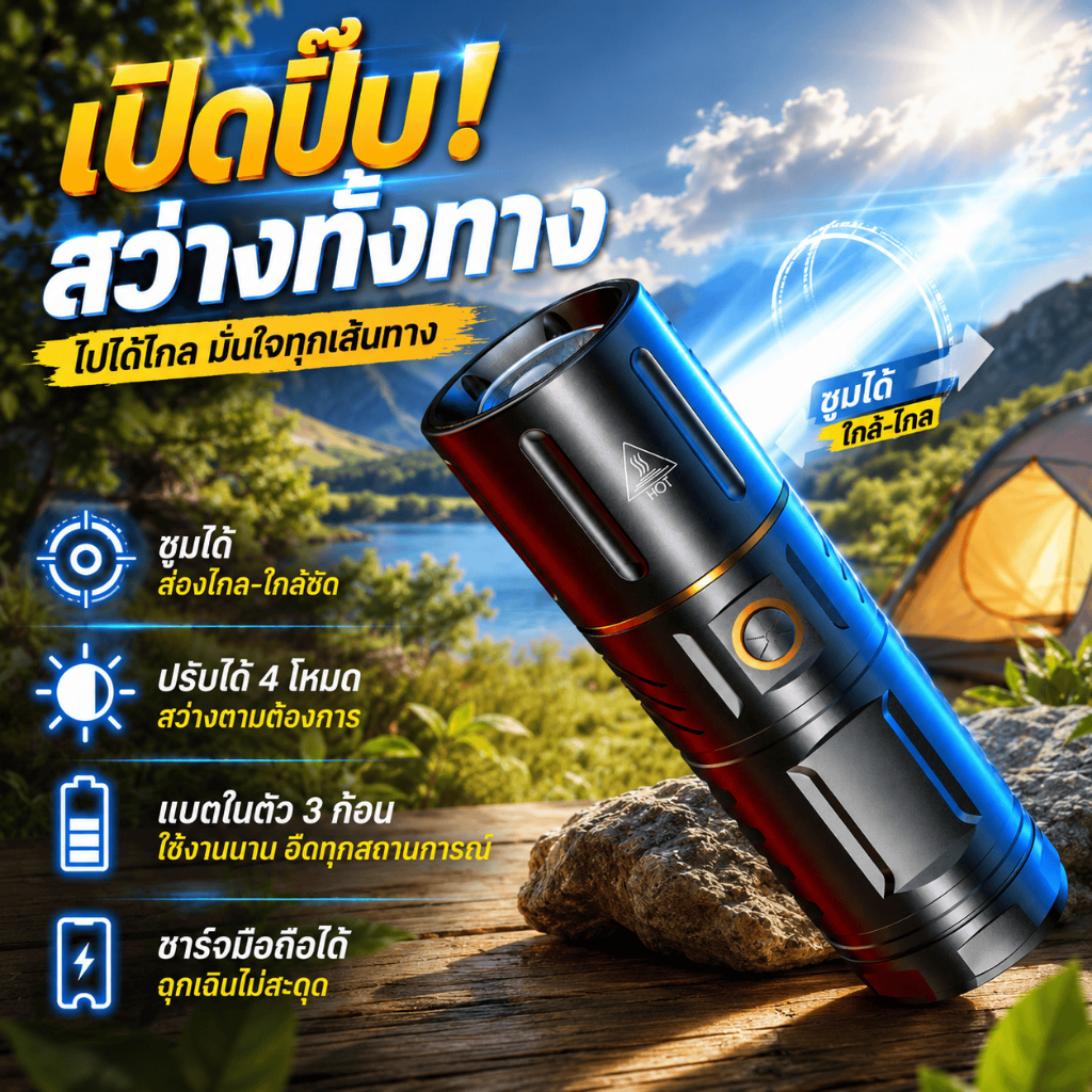 ไฟฉายLEDไฟฉายแรงสูง100000lumensไฟฉายสว่างมากๆ ซูมได้ ไฟฉายชาร์จไฟส่องไกล5000เมตร ไฟฉายแรงสูง แท้ ไฟฉายไฟแรงสูงFlashlight