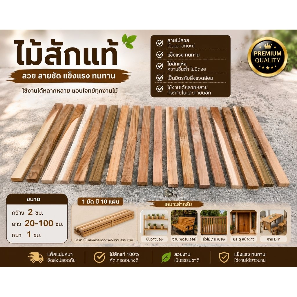 ไม้สักแผ่นแท้ ขนาด 2x30-100 ซม. หนา 1 ซม. (1 มัด 10 แผ่น) รีดเรียบ พร้อมใช้งาน