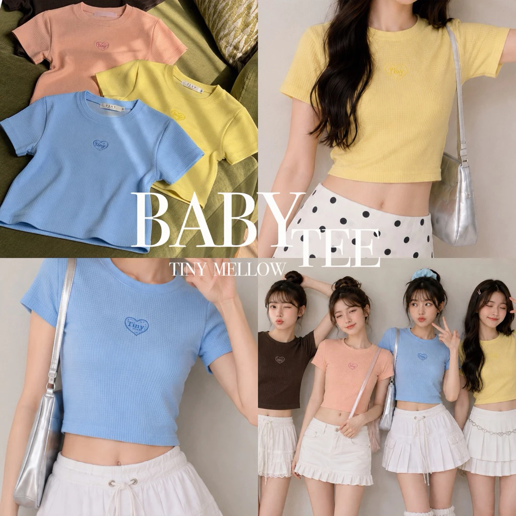 BABY TEE - เสื้อยืด เสื้อครอปเบบี้ที ปักลายโลโก้ ผ้ายืดหยุ่นใส่สบาย - (baby tee)