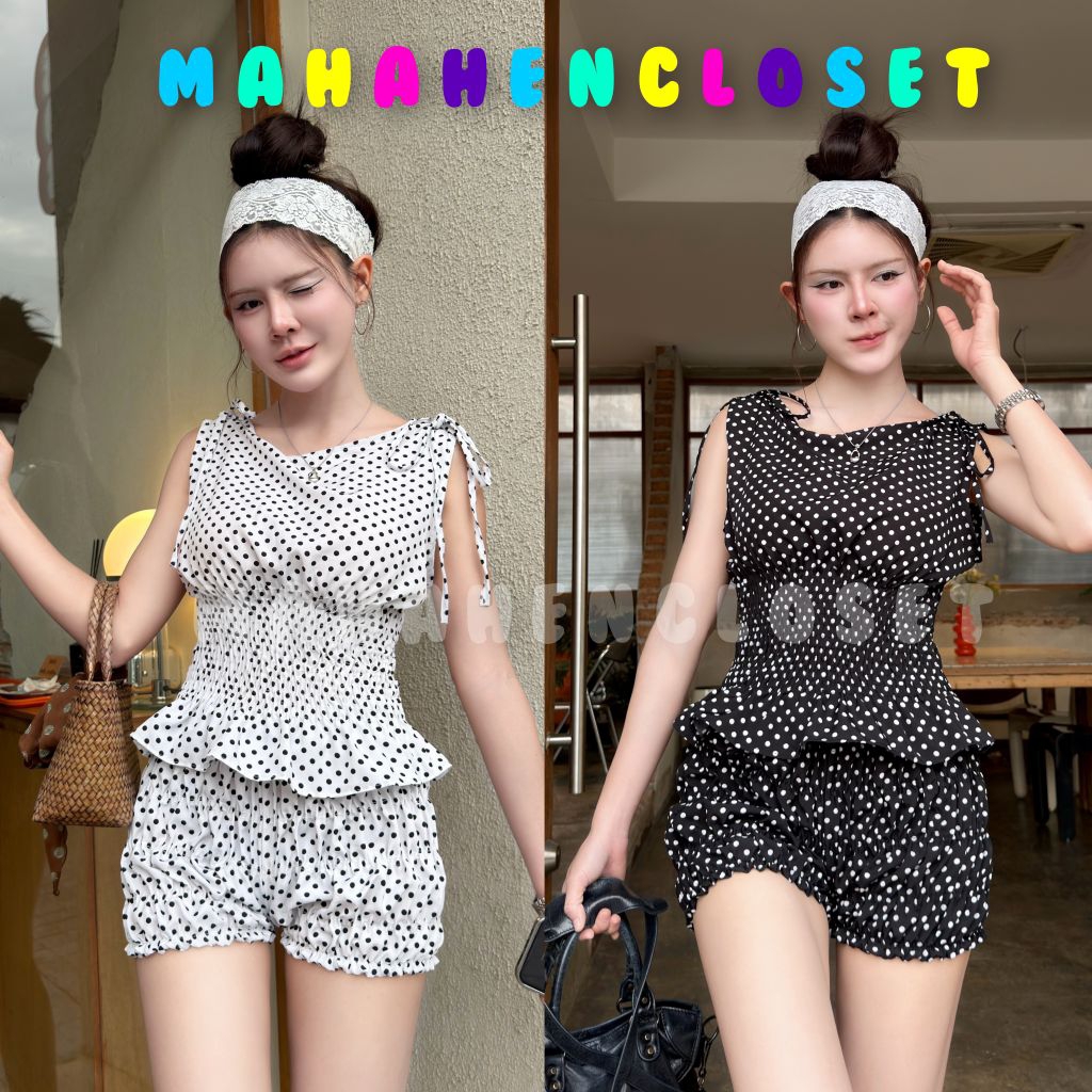 Mahahengcloset เสื้อผูกโบว์ไหล่ ลายจุด เอวสม็อครอบตัว ทรงน่ารัก สไตล์เกาหลี ผ้านุ่มใส่สบาย ใส่แล้วหุ่นสวย