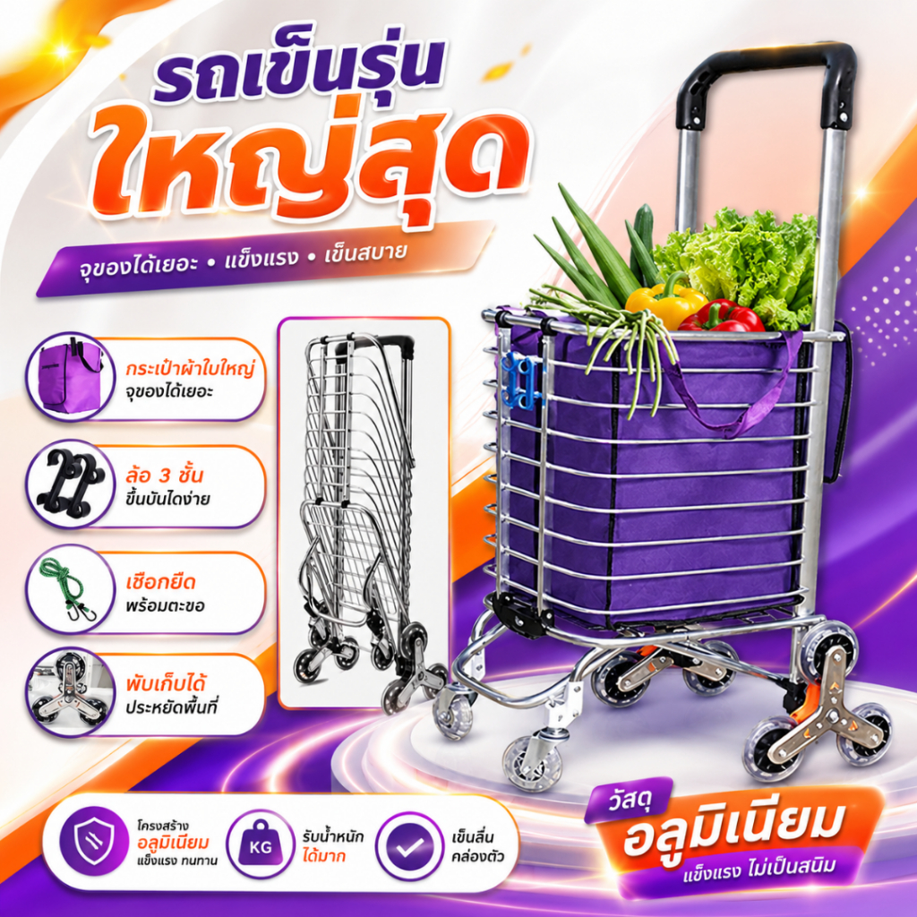 รถเข็นตะกร้า รถเข็นจ่ายตลาด รถเข็นพับเก็บได้อเนกประสงใส่ของที่ชิ้นใหญ่ลากขึ้นบันไดได้(แถมถุงผ้า)F17