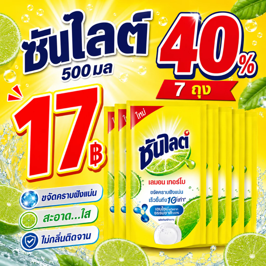 🟦 [ไลฟ์โหด 40%] น้ำยาล้างจาน ซันไลต์ เลม่อน เทอร์โบ 500ml x 7 ถุง