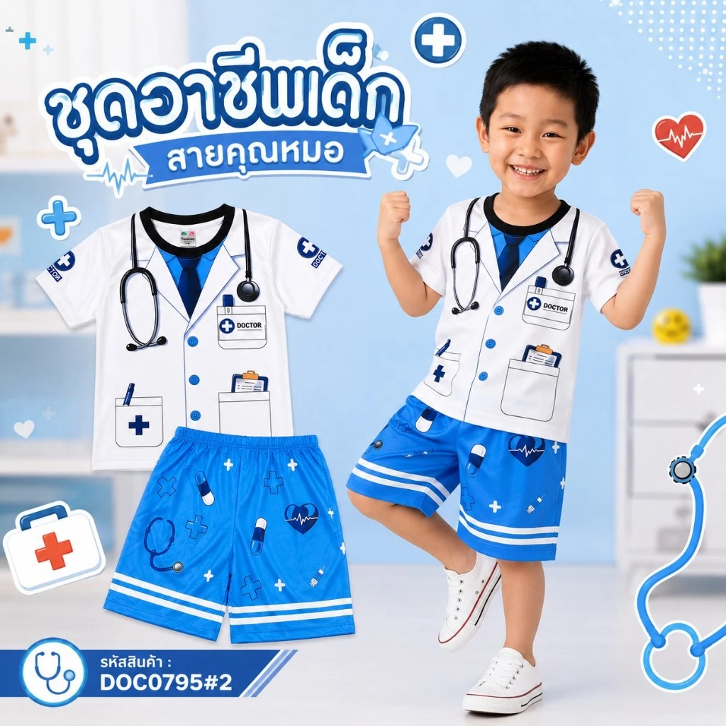 (DOC0795#2) ชุดคุณหมอเด็ก ชุดอาชีพเด็ก เสื้อผ้าเด็ก ผ้าไมโครเกรดเอ พิมพ์ซับลิเมชั่น ลายหมอตัวน้อย ใส่สบาย