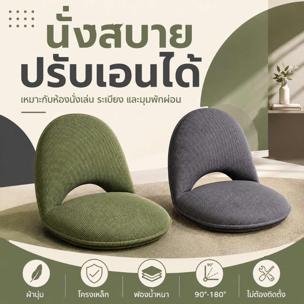เก้าอี้นั่งพื้น เก้าอี้ญี่ปุ่น โซฟาญี่ปุ่น ปรับเอนได้ 90°-180° เบาะหนานุ่ม พนักพิงหลัง โครงเหล็ก ไม่ต้องประกอบ
