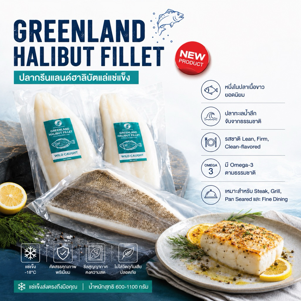 ปลากรีนแลนด์ฮาลิบัต Greenland Halibut Fillet ปลาเนื้อขาวพรีเมียม แช่แข็ง Wild Caught เหมาะทำสเต๊ก ย่าง และอบ