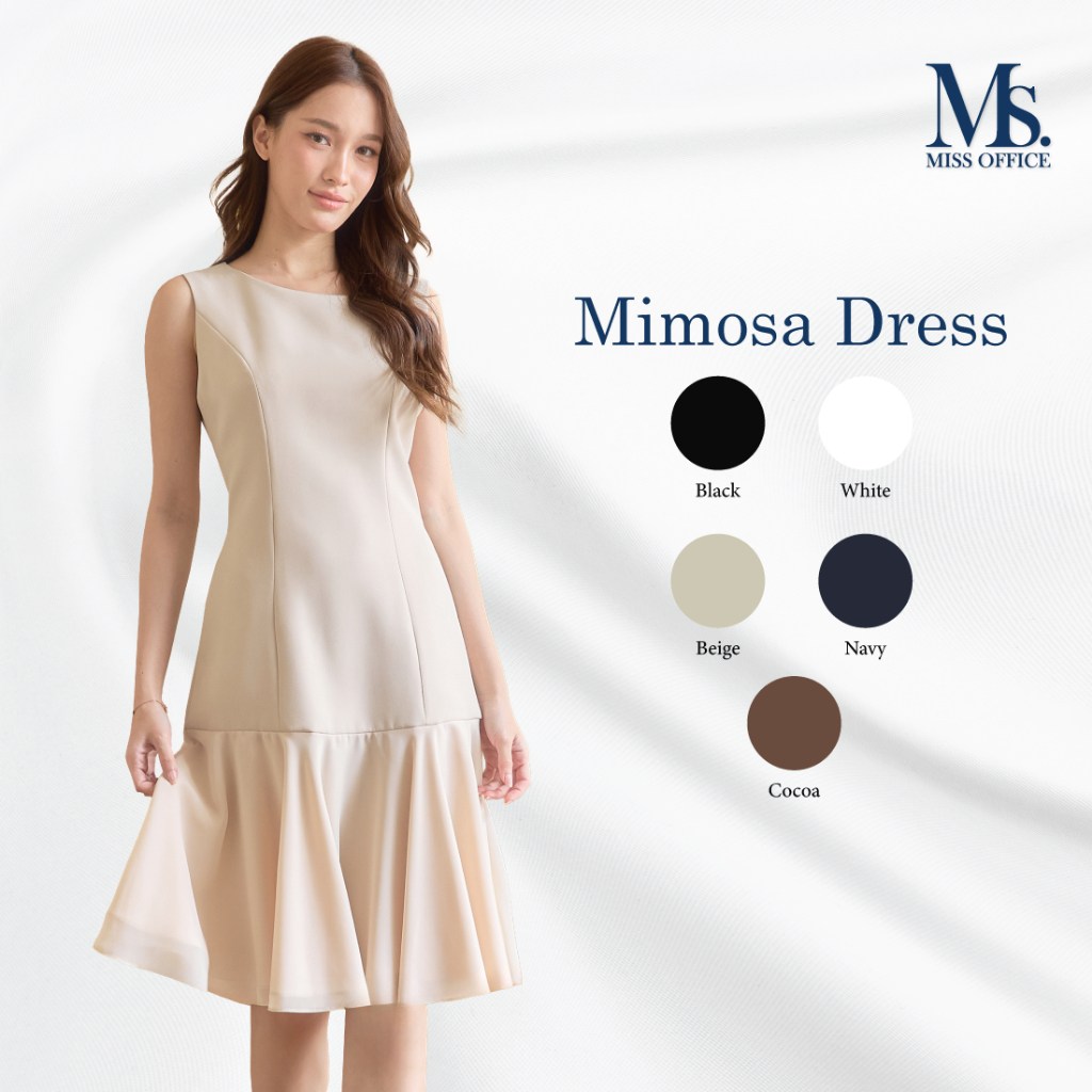 Miss Office เดรสแขนกุดคอปาดตัดต่อระบายชีฟอง (Mimosa Dress : MD-143)
