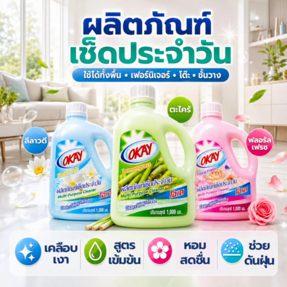 OKAY น้ำยาเช็ดประจำวัน ถูพื้น เคลือบเงา หอม ลื่น เก็บฝุ่น ดันฝุ่น (MP1000) เช็ดเฟอร์นิเจอร์ กลิ่นตะไคร้ ดอกไม้ 1000 มล.