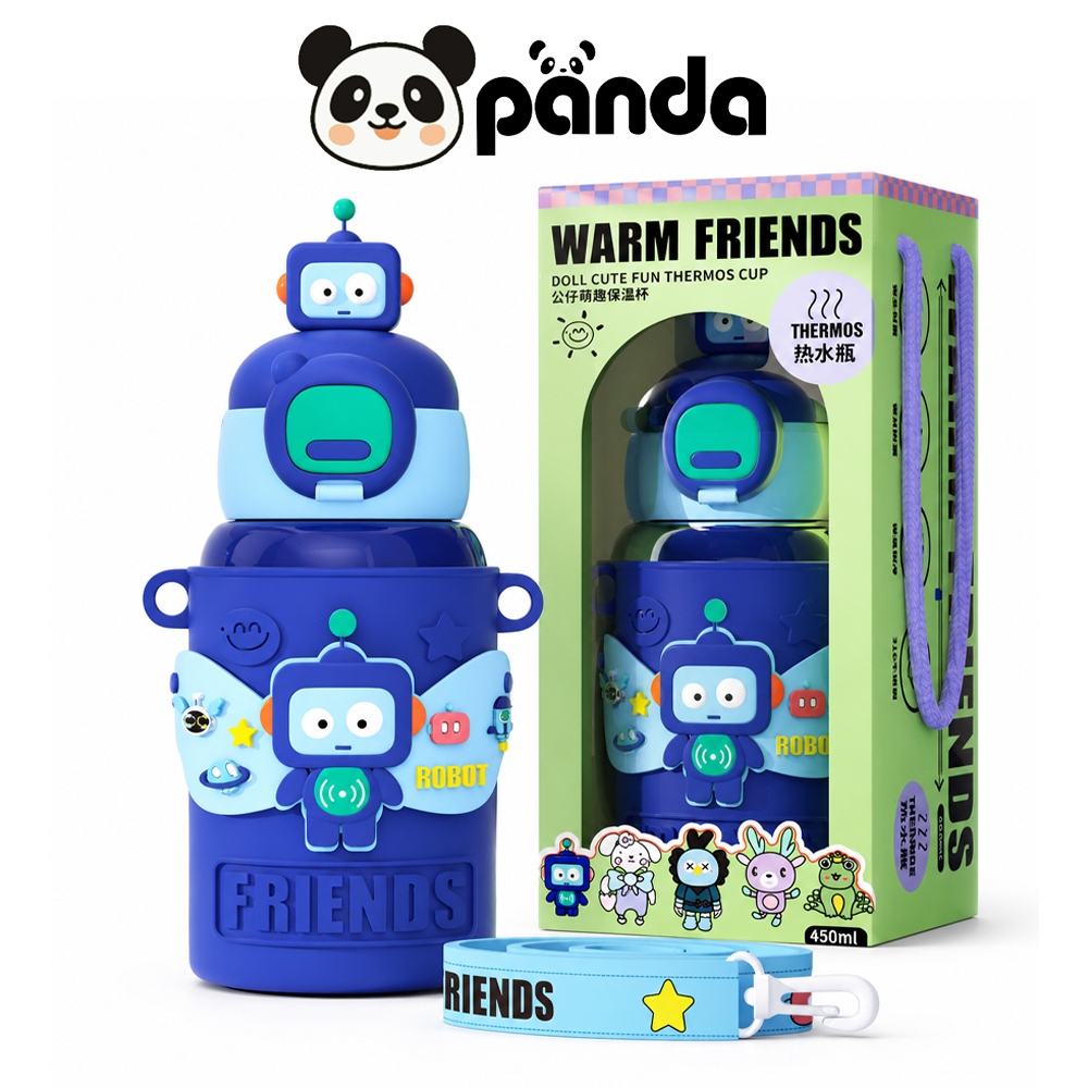 PANDA แก้วสแตนเลส วัสดุสแตนเลส 316 กระติกน้ำเด็ก ลายการ์ตูน 450ml มีหลอด มีสายสะพาย ขวดน้ำพกพา น่ารัก ของขวัญ NO:H97