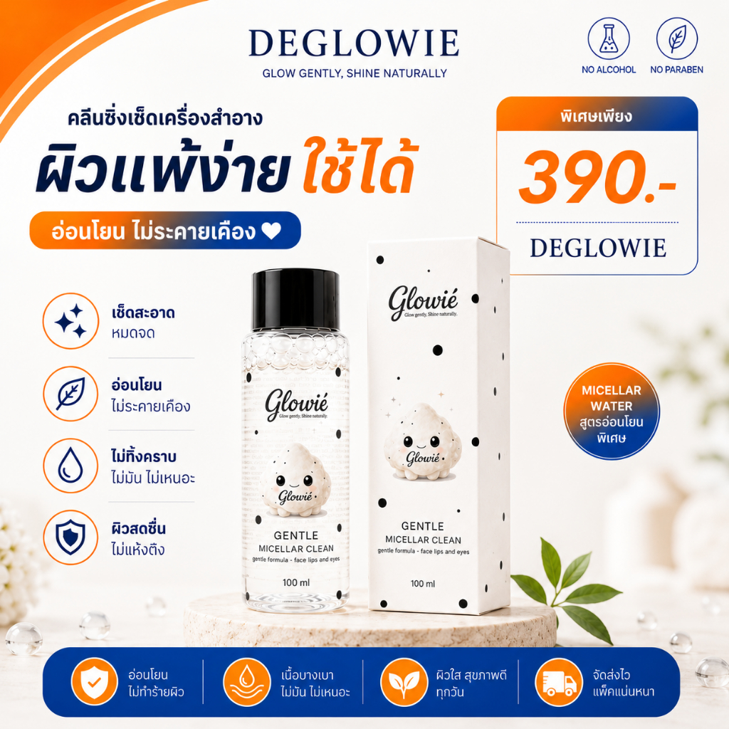 DEGLOWIE Micellar Clean 100ml คลีนซิ่งเช็ดเครื่องสำอาง ผิวแพ้ง่าย ไม่มีแอลกอฮอล์