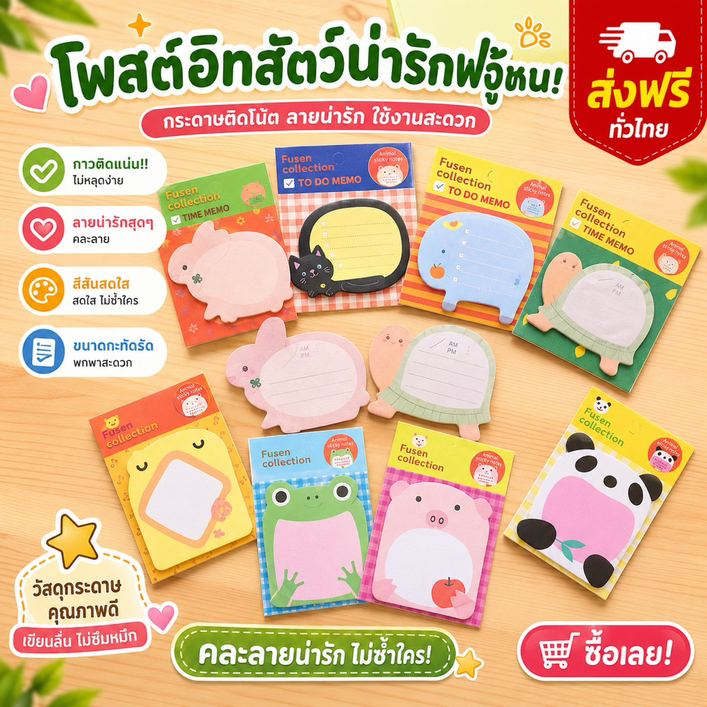 kingshopping （ร้านไทย) (SW213) กระดาษโน้ตรูปสัตว์ (สุ่มลาย) มีกาวในตัว สำหรับสำนักงาน