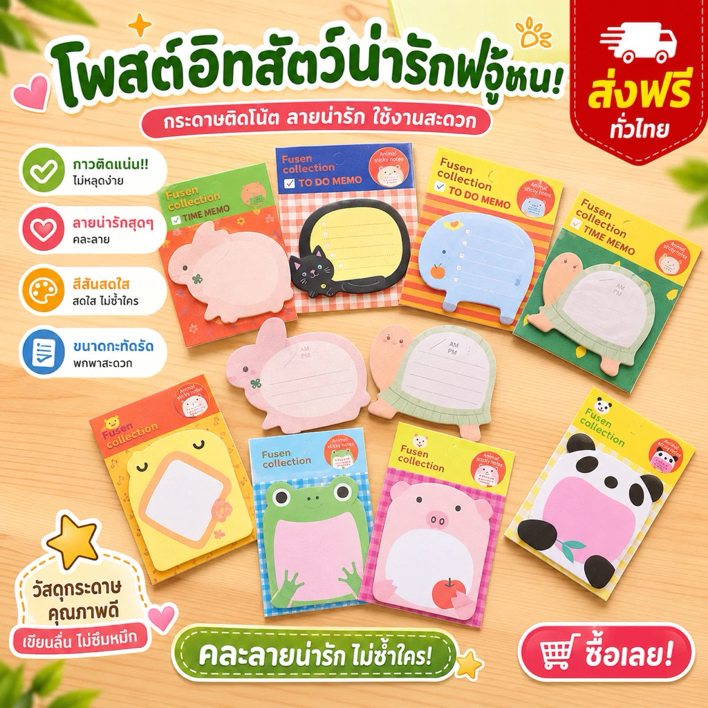 kingshopping (ร้านไทย) (SW213) กระดาษโน้ตรูปสัตว์ (สุ่มลาย) มีกาวในตัว สำหรับสำนักงาน
