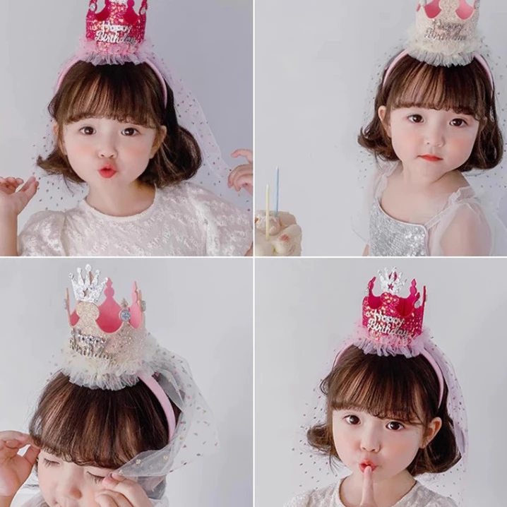 ที่คาดผมมงกุฎเจ้าหญิง Happy Birthday สไตล์เกาหลี กลิตเตอร์วิ้ง พร้อมผ้าคลุม สำหรับเด็กผู้หญิง (GP)
