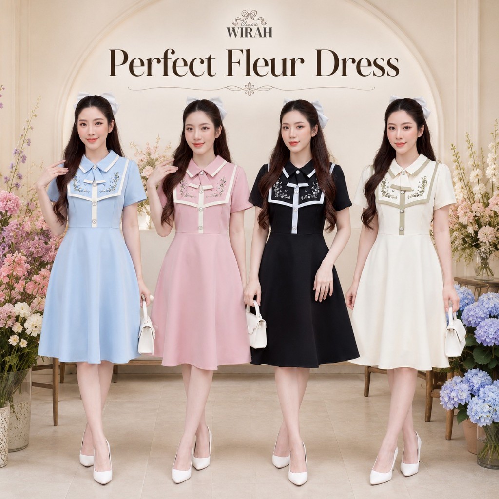DW507 Perfect Fleur Dress เดรสสั้นดีไซน์คอปกทหารเรือปักดอกไม้ ลุคคุณหนูสวยหรูดูแพง