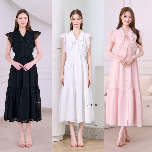 Cheryl brand - Glacier Ruffle Bow Dress / เดรสระบายสีขาว,ชมพู ,ดำ