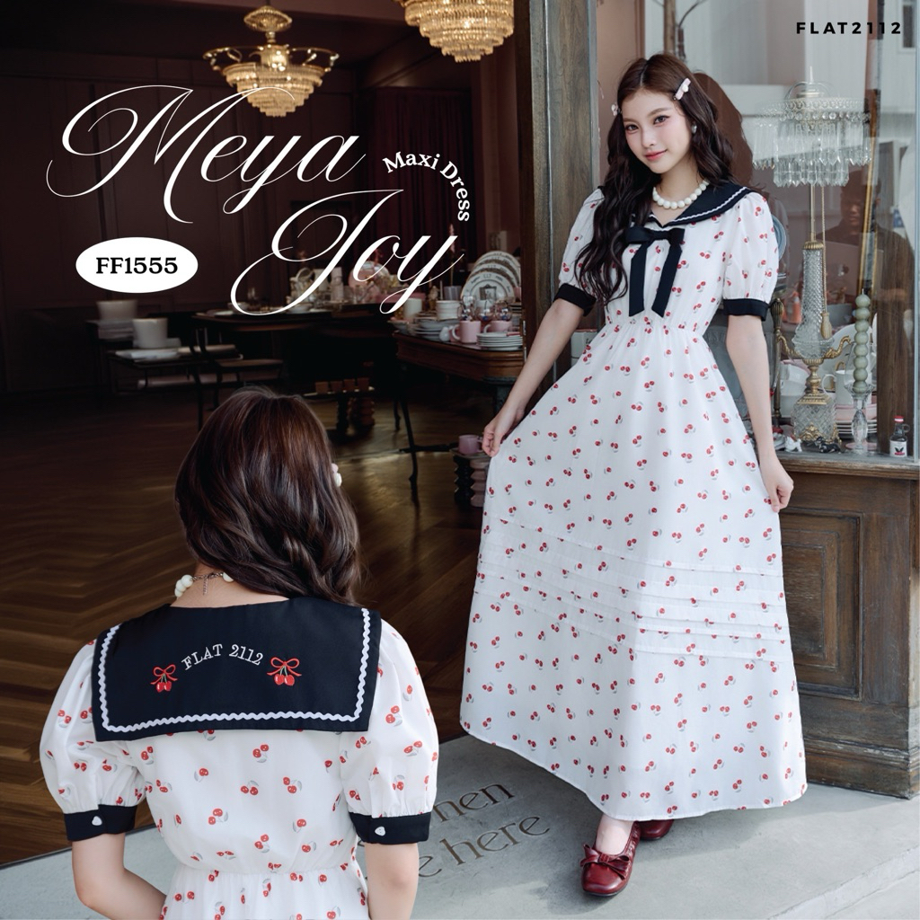 FLAT2112 : MEYA JOY MAXI DRESS เดรสยาวลายเชอร์รี่ แต่งโบว์ดำ สไตล์ลูกคุณหวานละมุน เพิ่มความคลาสสิกและน่ารัก (FF1555)