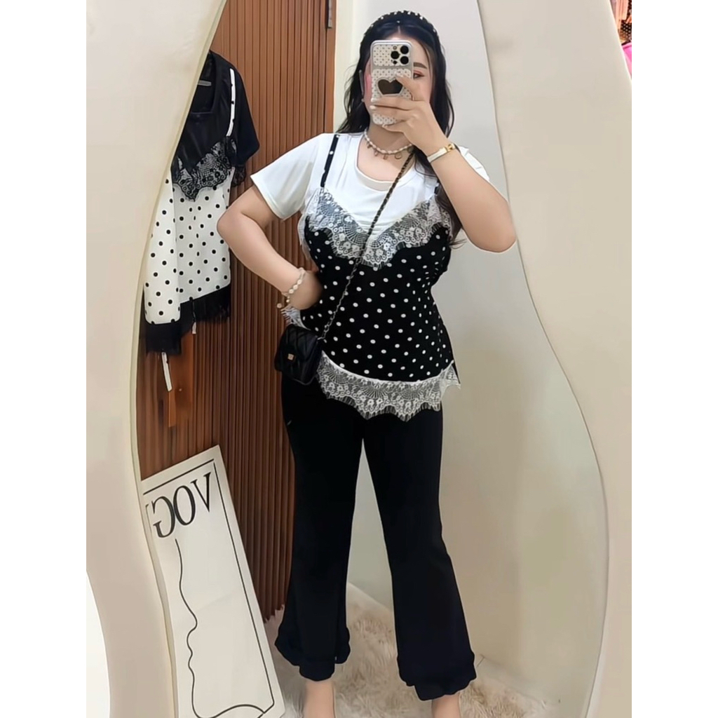 SETเสื้อจุดปลายลูกไม้+กางเกงขายาวน่ารัก (จ9+ด4)#สาวอวบ