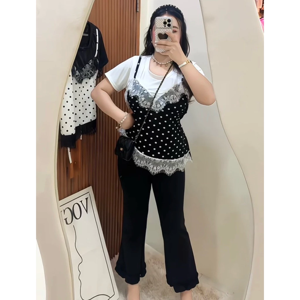 SETเสื้อจุดปลายลูกไม้+กางเกงขายาวน่ารัก🩵(จ9+ด4)#สาวอวบ