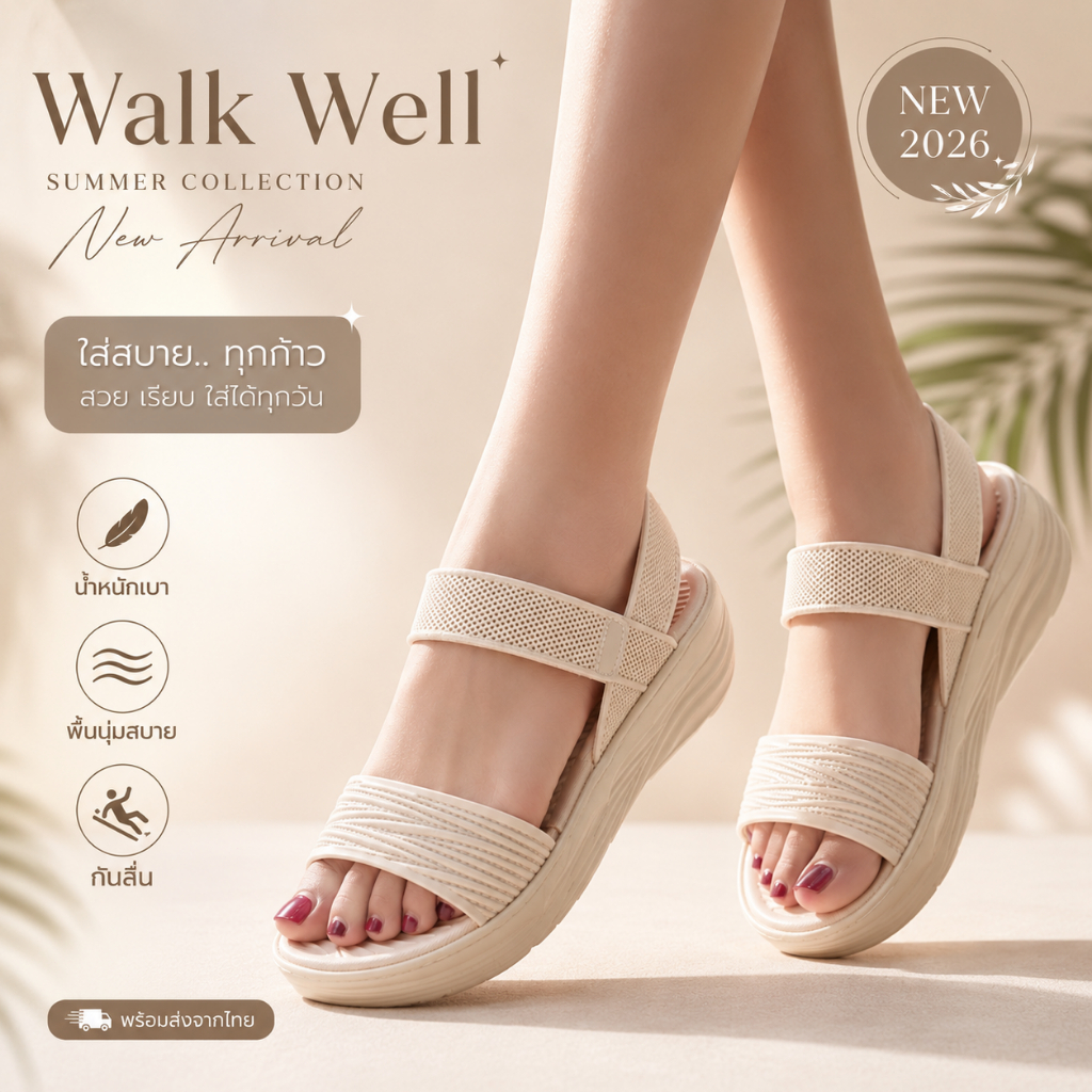 ☀️Walk Well พร้อมส่ง รองเท้าแตะผู้หญิงส้นหนา EVA น้ำหนักเบา กันลื่น นุ่ม ใส่เดินห้าง ใส่เที่ยว ใส่ทำงาน