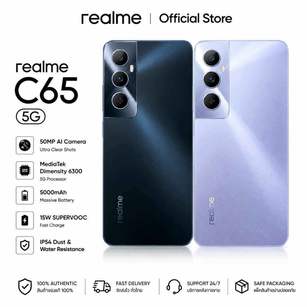 NEW Realme C65 (8GB+256GB) |จอใหญ่ 6.67 นิ้ว แบตเตอรี่ขนาดใหญ่ 5000 mAh ชาร์จไว 45W