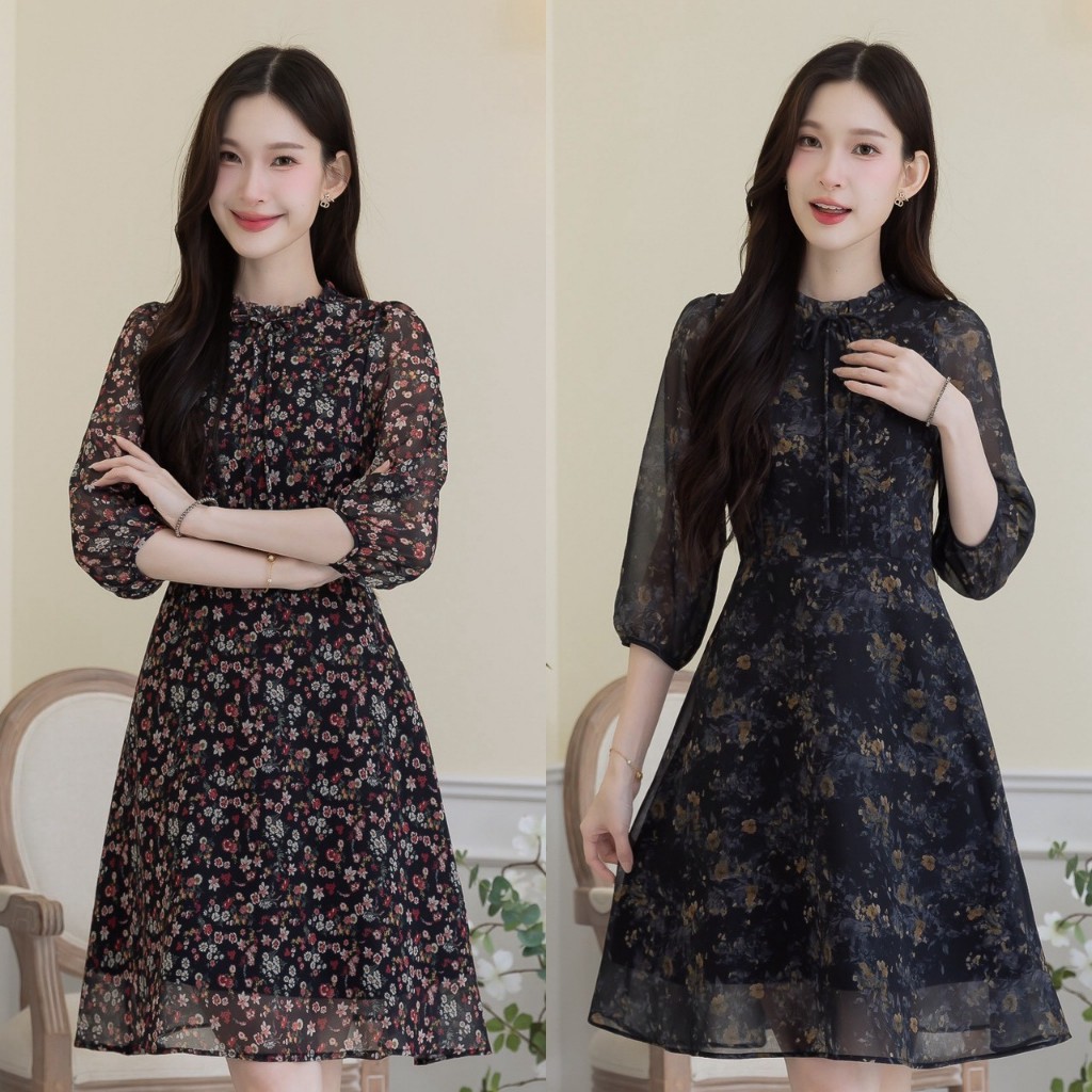 เดรส ALERT BRAND ชีฟองลายดอก เป็นดีเทลคอจีบผูกโบว์ แขนห้าส่วนพองนิดๆ แพทเทิร์นขายดี ทรงคลาสสิคใส่ง่าย ใส่สบาย