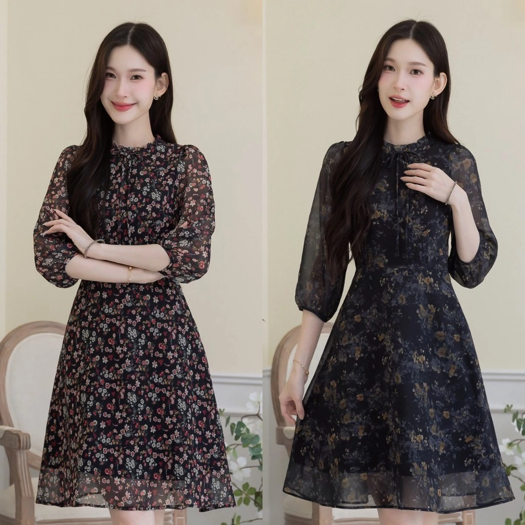 เดรส ALERT BRAND ชีฟองลายดอก เป็นดีเทลคอจีบผูกโบว์ แขนห้าส่วนพองนิดๆ แพทเทิร์นขายดี ทรงคลาสสิคใส่ง่าย ใส่สบาย