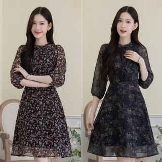 เดรส ALERT BRAND ชีฟองลายดอก เป็นดีเทลคอจีบผูกโบว์ แขนห้าส่วนพองนิดๆ แพทเทิร์นขายดี ทรงคลาสสิคใส่ง่าย ใส่สบาย