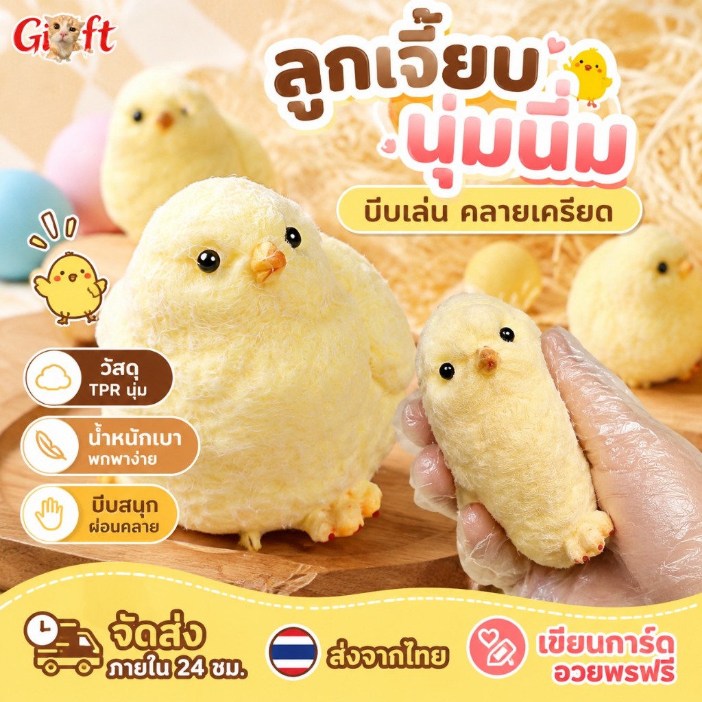 ส่งในไทย ตุ๊กตาจําลองเจี๊ยบ โมจิ ของเล่นบีบ สกุชชี่ สกุชชี่ไก่ ของเล่นคลายเครียด ลูกเจี๊ยบ