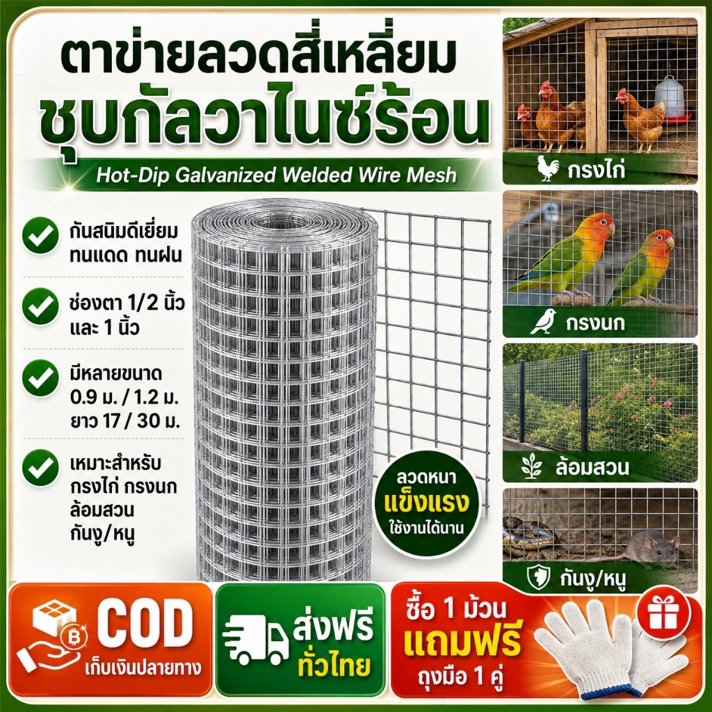 กันสนิม ลวดตาข่ายชุบกัลวาไนซ์ร้อน ช่องตา 1/2" 1" (ยาว30เมตร) ตะแกรงเหล็ก กรงไก่ ตาข่ายกันนก นกแก้ว กันงู/หนู