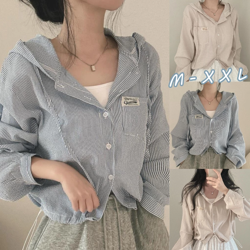 STYLE#เสื้อฮู้ดครอปสำหรับผู้หญิง ดีไซน์ลายทาง แขนทรงโคมไฟ ตกแต่งด้วยกระดุม#99409