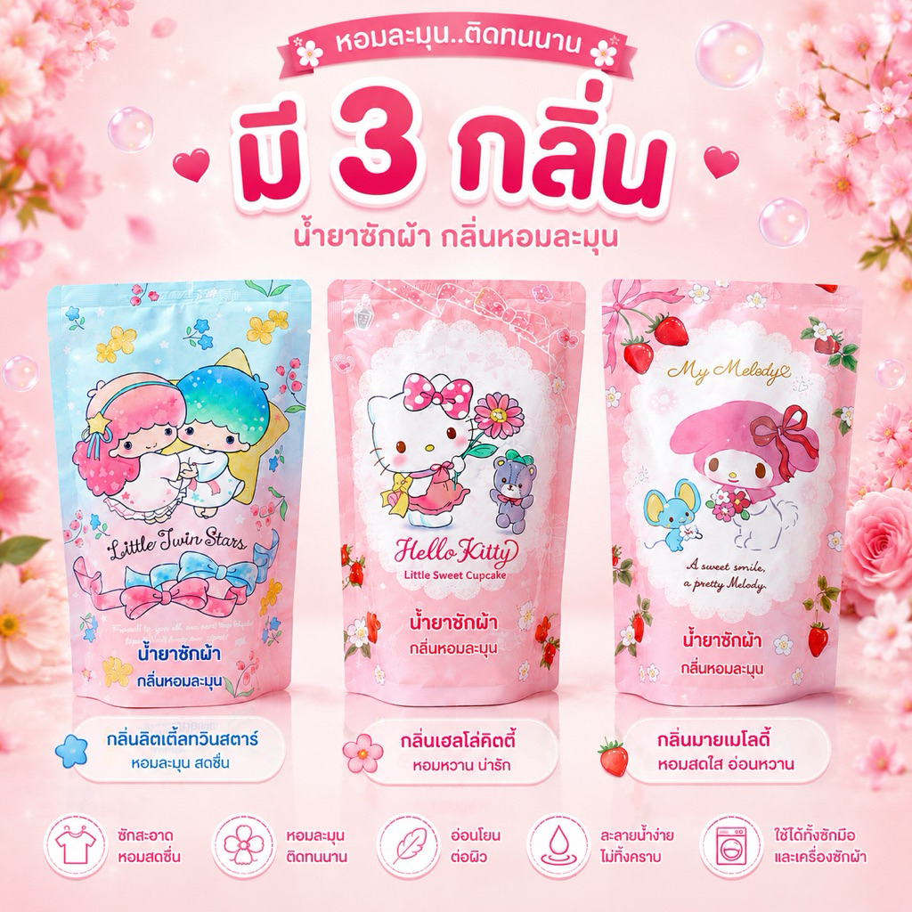 น้ำยาซักผ้าหอม Sanrio 400ml 3กลิ่น Little Twin Stars / Hello Kitty / My Melody หอมติดทนนาน