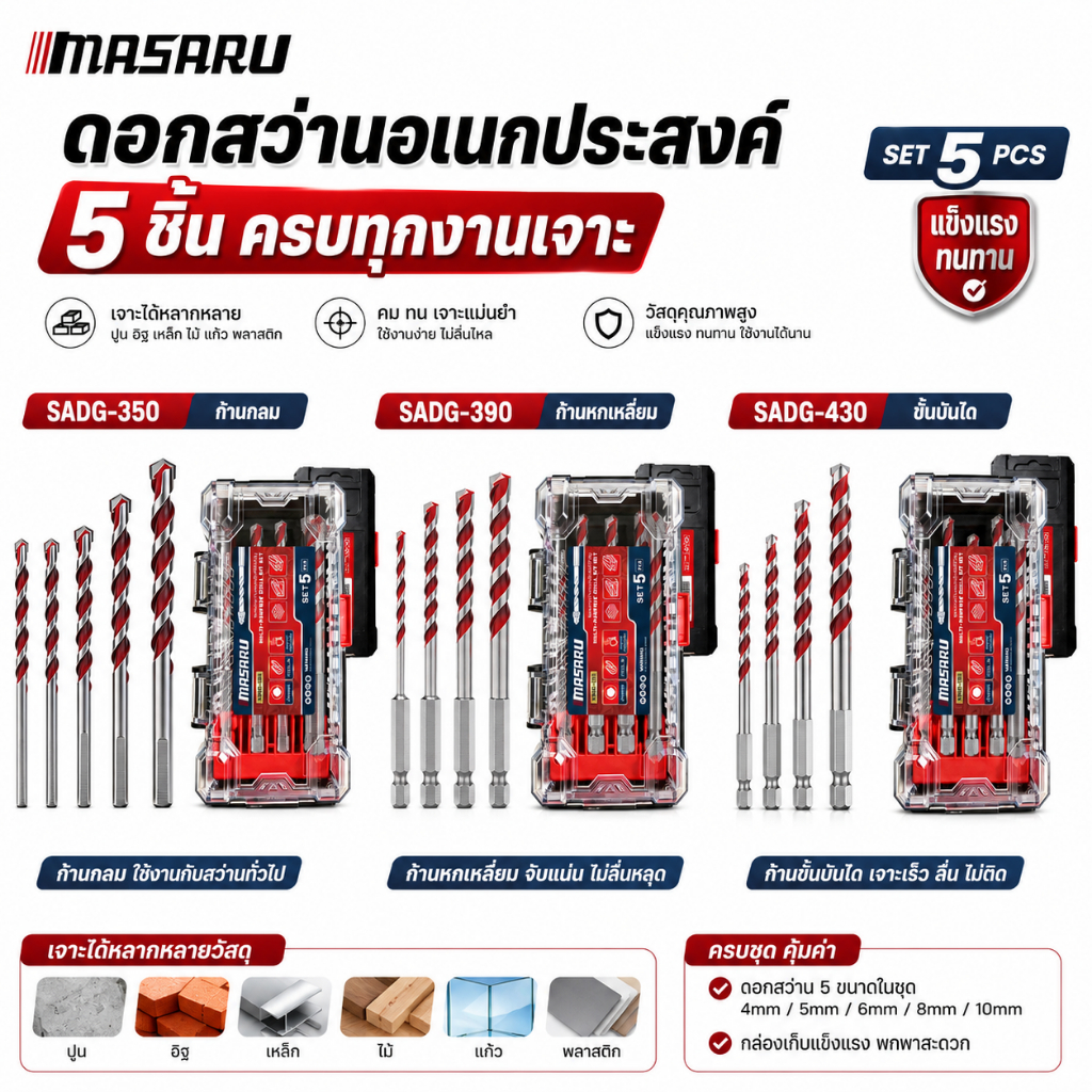 ดอกสว่านอเนกประสงค์ MASARU 5 ชิ้น ก้านกลม / ก้านหกเหลี่ยม / ขั้นบันได SADG-350 SADG-390 SADG-430