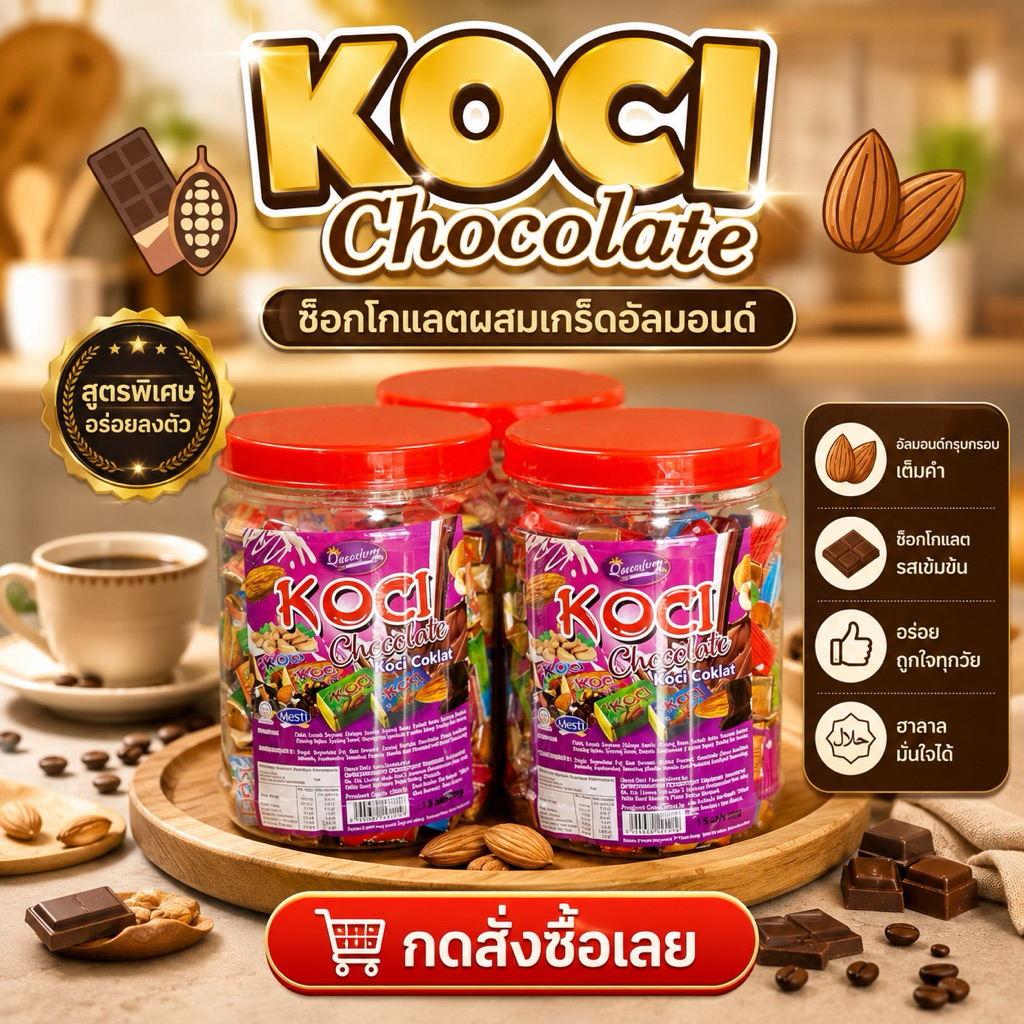 ช็อกโกแลตผสมถั่วอัลมอนด์(KOCI) 1 กระปุก บรรจุ 88-95ชิ้น