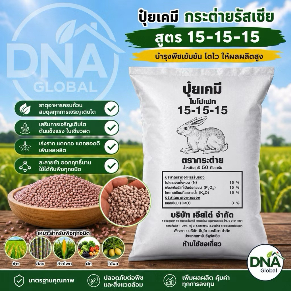 ( 1 กระสอบ 50โล) 15-15-15กระต่าย(รัสเซีย) และ 15-15-15หัววัว(รัสเซีย) 15-15-15ยารามีร่า 15-15-15เรือ