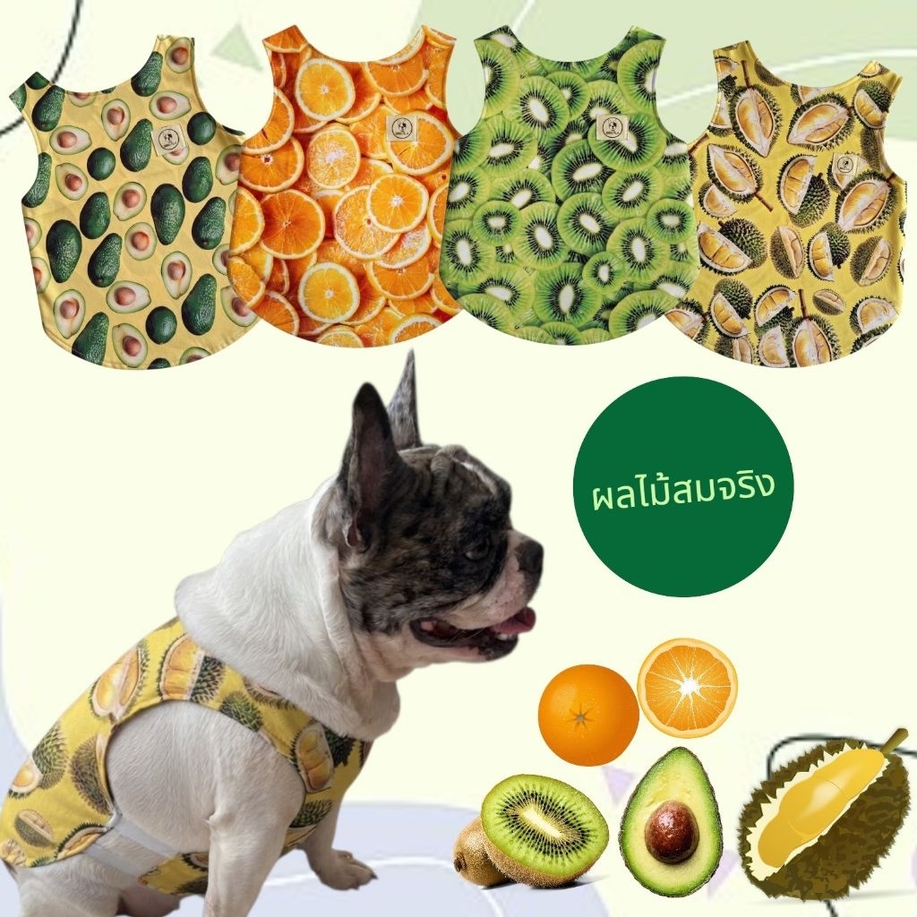เสื้อกล้ามหมาแมวเปิดข้างมียางยืดข้างลำตัวลายผลไม้สมจริงสีสันสดใดผ้านุ่มลื่น