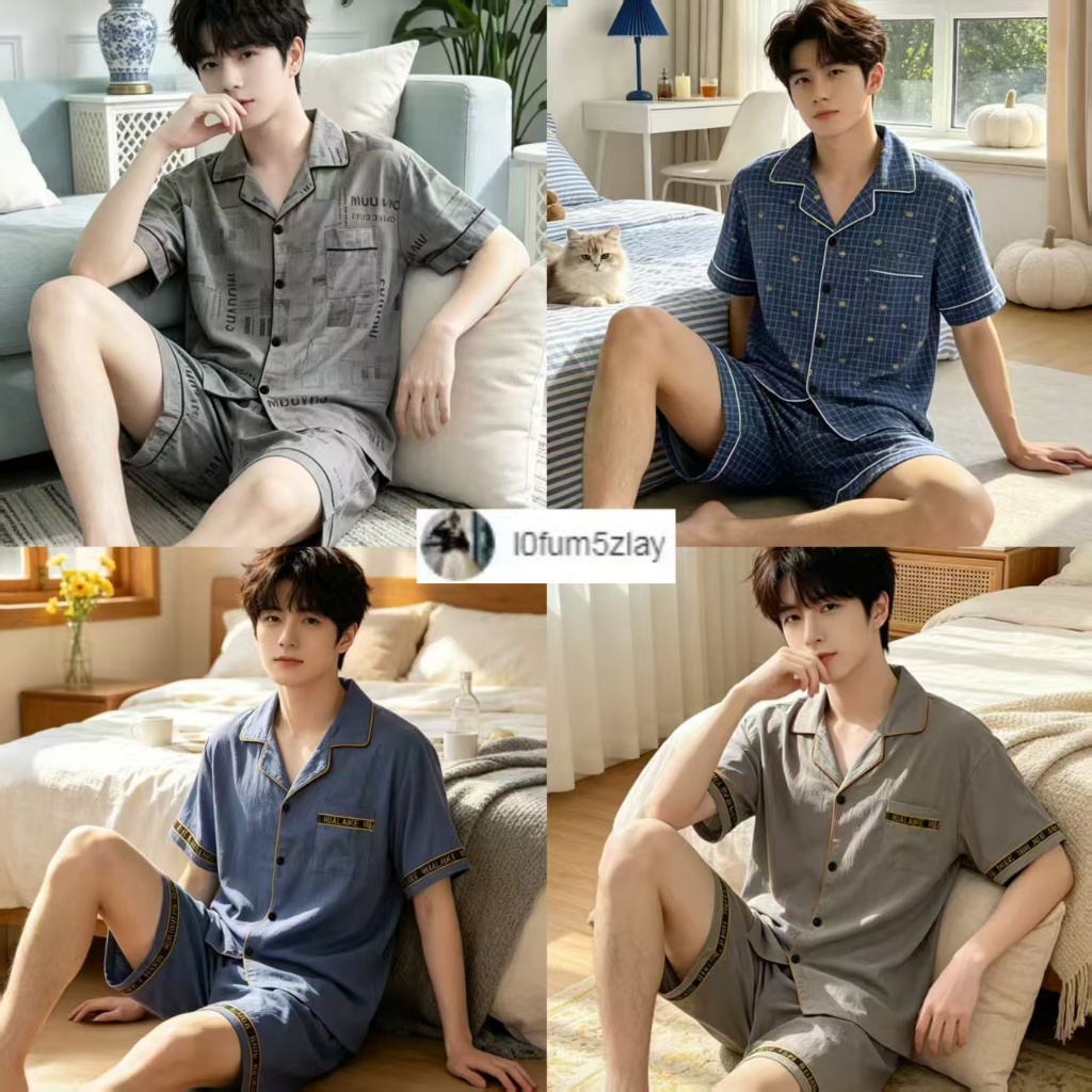 ชุดนอนผู้ชาย 2 ชิ้น， ผ้าฝ้ายลายเมฆ， หลากหลายลวดลายให้เลือก， ขาสั้น+เสื้อ，L-3XL