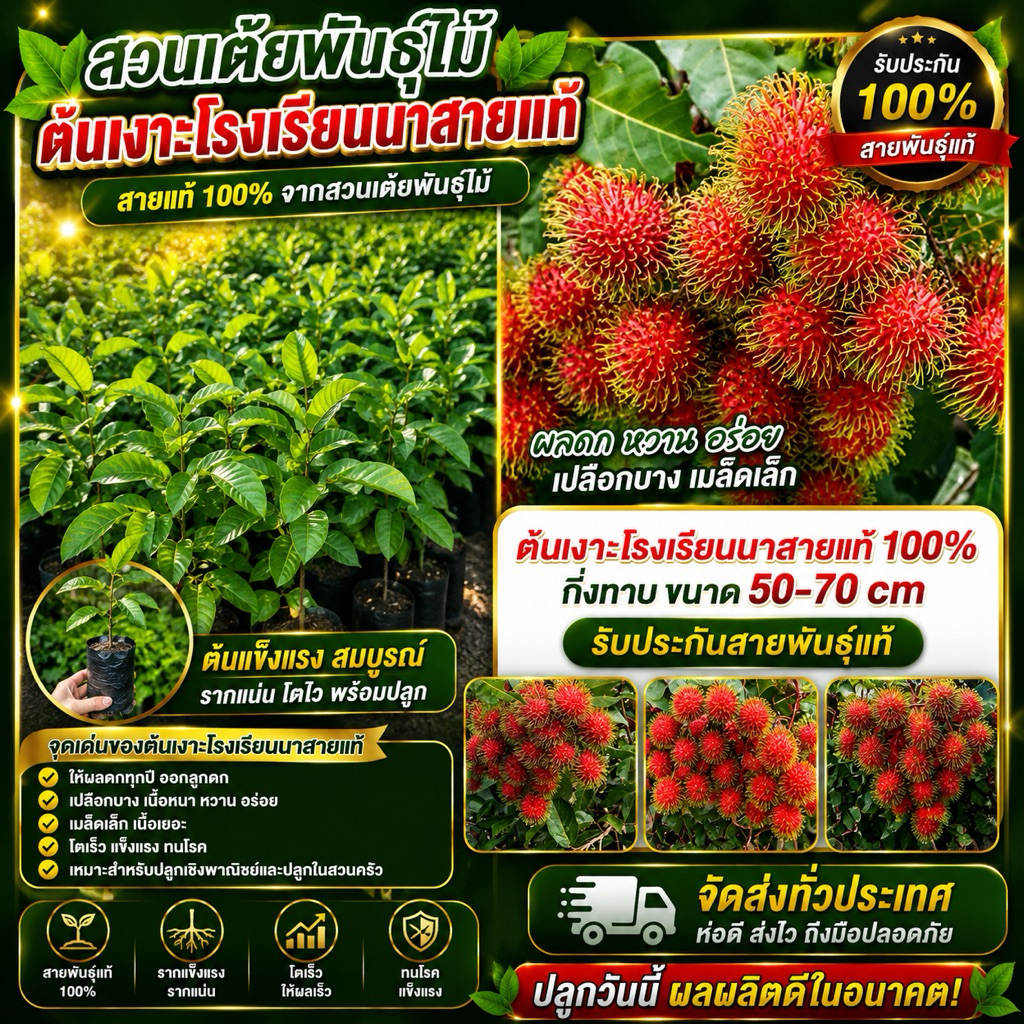 ต้นเงาะโรงเรียนนาสารเเท้100% กิ่งติดตาขนาด30-70cm ออกลูกเร็ว โตเร็ว